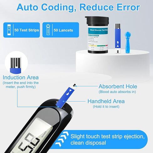 جهاز مراقبة نسبة السكر في الدم، طقم مراقبة الجلوكوز مع 50 شريط اختبار و50 مشرط لاختبار مرض السكري، جهاز قياس نسبة الجلوكوز في الدم مع إخراج تلقائي، بدون ترميز وشاشة LCD كبيرة لكبار السن in Kuwait