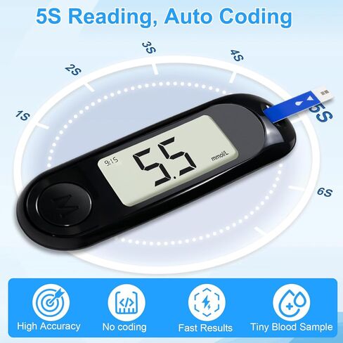 جهاز مراقبة نسبة السكر في الدم، طقم مراقبة الجلوكوز مع 50 شريط اختبار و50 مشرط لاختبار مرض السكري، جهاز قياس نسبة الجلوكوز في الدم مع إخراج تلقائي، بدون ترميز وشاشة LCD كبيرة لكبار السن in Kuwait