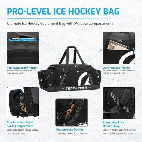 حقيبة هوكي فاخرة كبيرة جدًا من TRAILKICKER، معدات رياضية متينة مع جيوب متعددة، مثالية لهوكي الجليد والعتاد الرياضي، أزرق in Kuwait