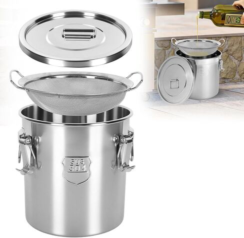 علبة تخزين زيت الطبخ سعة 12 لتر/2.64 جالون حاوية زيت تجارية مع فلتر وغطاء دلو معدني لتخزين الطعام محكمة الغلق لدقيق الأرز وحبوب طعام الكلاب وحبوب القهوة، 304 من الفولاذ المقاوم للصدأ - فضي in Kuwait
