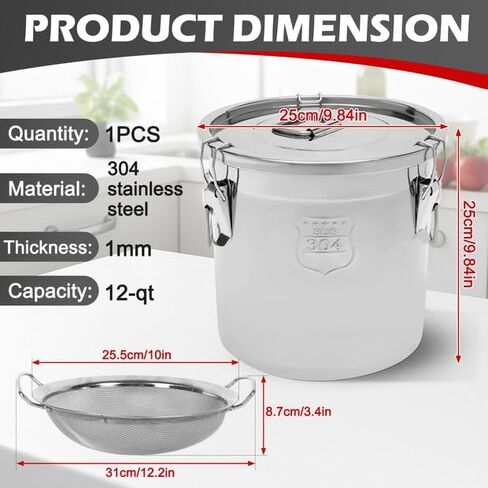 علبة تخزين زيت الطبخ سعة 12 لتر/2.64 جالون حاوية زيت تجارية مع فلتر وغطاء دلو معدني لتخزين الطعام محكمة الغلق لدقيق الأرز وحبوب طعام الكلاب وحبوب القهوة، 304 من الفولاذ المقاوم للصدأ - فضي in Kuwait