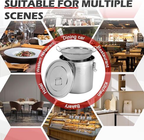 علبة تخزين زيت الطبخ سعة 12 لتر/2.64 جالون حاوية زيت تجارية مع فلتر وغطاء دلو معدني لتخزين الطعام محكمة الغلق لدقيق الأرز وحبوب طعام الكلاب وحبوب القهوة، 304 من الفولاذ المقاوم للصدأ - فضي in Kuwait