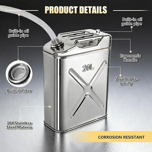 علبة تخزين زيت الطبخ من الفولاذ المقاوم للصدأ، سعة 5 جالون، علبة تخزين زيت المقلاة المتينة بدرجة 304 للطعام مع فوهة صب مرنة، حاوية سائلة متعددة الاستخدامات للمطابخ والمطاعم، بطاطس السمك الخارجية in Kuwait