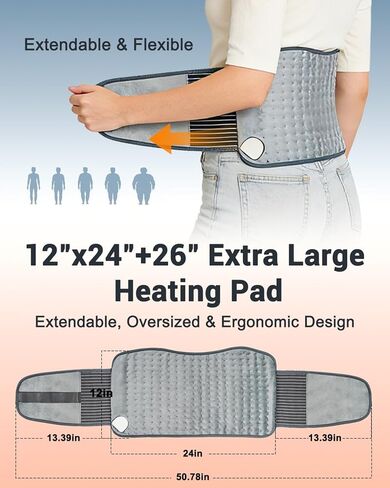 Heating Pad for Back Pain Relief, 12" x 24" + 26" XL Electric Heating Pad for Period Cramps with Loop Fastener for Hands-Free 360 Fit, 4 Timers & 6 Temperatures, Auto Shut-Off, Machine Washable in Kuwait