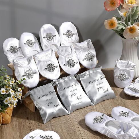 12 Pair Wedding Ballet Flats Foldable Dancing Shoes Bulk Satin Rhinestone Womens Ballerina Slippers for Bridesmaid in Kuwait