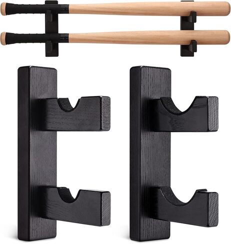 TOBWOLF Baseball Bat Rack Ball Display Holder, Solid Wood Vertical Wall Mount Bracket for Softball Lacrosse Hockey Stick, Ideal for Storage Collectible Memorabilia - Black in Kuwait