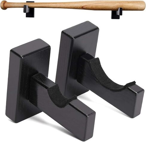 TOBWOLF Baseball Bat Rack Ball Display Holder, Solid Wood Vertical Wall Mount Bracket for Softball Lacrosse Hockey Stick, Ideal for Storage Collectible Memorabilia - Black in Kuwait