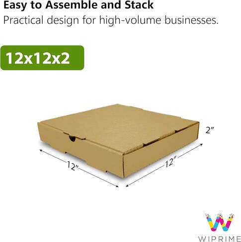 12 x 12 x 2 Inches Kraft Brown Pizza Boxes - 50 Pack | Heavy-Duty E-Flute Corrugated White Cardboard Pizza Boxes | Easy to Assemble, Customizable Ideal for Takeout Pizza Delivery in Kuwait