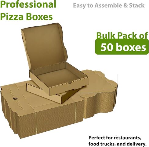 12 x 12 x 2 Inches Kraft Brown Pizza Boxes - 50 Pack | Heavy-Duty E-Flute Corrugated White Cardboard Pizza Boxes | Easy to Assemble, Customizable Ideal for Takeout Pizza Delivery in Kuwait