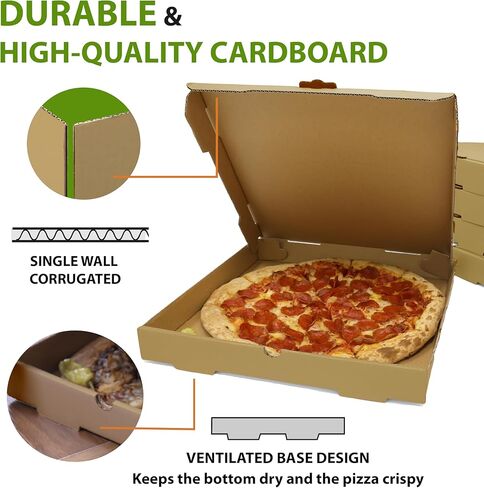12 x 12 x 2 Inches Kraft Brown Pizza Boxes - 50 Pack | Heavy-Duty E-Flute Corrugated White Cardboard Pizza Boxes | Easy to Assemble, Customizable Ideal for Takeout Pizza Delivery in Kuwait