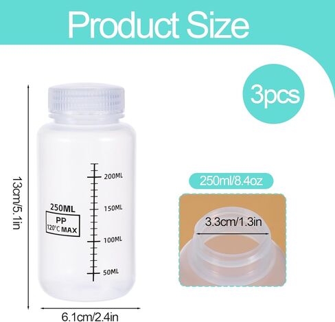 3 Pcs 8oz Wide Mouth Plastic Bottles with Airtight Lids, Reusable Transparent Sample Containers with Graduated Food Grade Leak Proof PP Containers Jars for Water Sample Lab Reagent Liquid Storage in Saudi Arabia