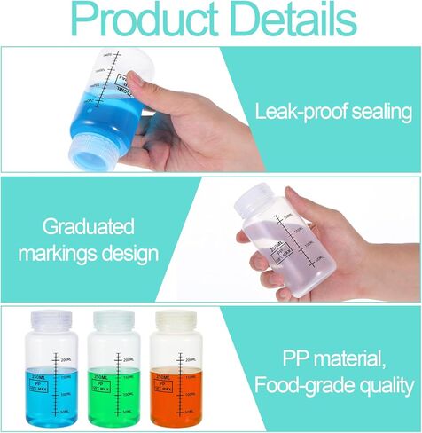3 Pcs 8oz Wide Mouth Plastic Bottles with Airtight Lids, Reusable Transparent Sample Containers with Graduated Food Grade Leak Proof PP Containers Jars for Water Sample Lab Reagent Liquid Storage in Saudi Arabia