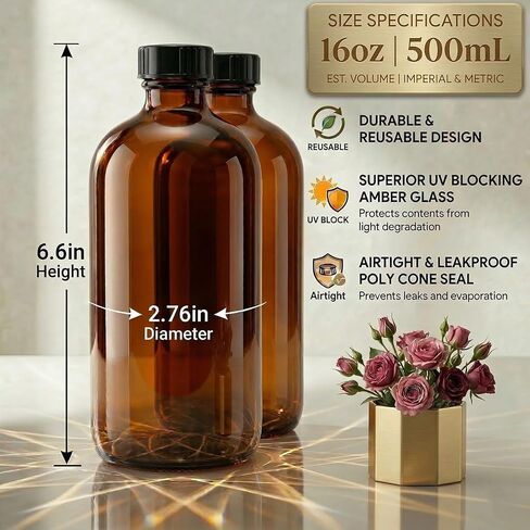 2pack 16oz amber Glass Bottles with Reusable Lids (2 Pack),Lab Bottles & Jars Reagent Bottles,Perfect Glass Containers for Secondary Fermentation,Storing condiment, Homemade Essential Oils (16 Ounce) in Kuwait