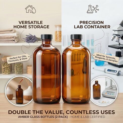 2pack 16oz amber Glass Bottles with Reusable Lids (2 Pack),Lab Bottles & Jars Reagent Bottles,Perfect Glass Containers for Secondary Fermentation,Storing condiment, Homemade Essential Oils (16 Ounce) in Kuwait