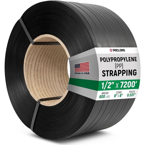 1/2" x 7200' Heavy-Duty Polypropylene (PP) Strapping Coil - 0.031" Thick Banding Strap, 8" x 8" Core, 600 lbs Break Strength, Black - for Bundling and Packaging - Flexible, Weather Resistant in Saudi Arabia