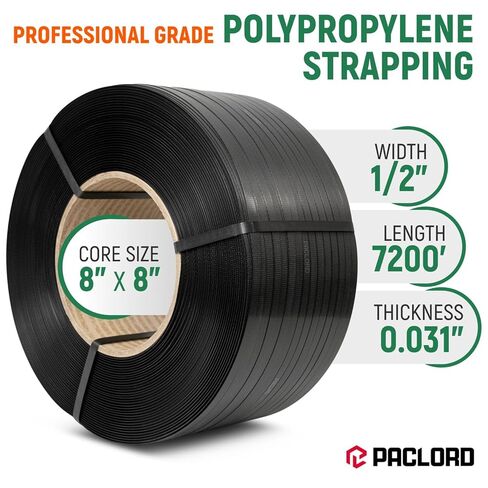 1/2" x 7200' Heavy-Duty Polypropylene (PP) Strapping Coil - 0.031" Thick Banding Strap, 8" x 8" Core, 600 lbs Break Strength, Black - for Bundling and Packaging - Flexible, Weather Resistant in Saudi Arabia