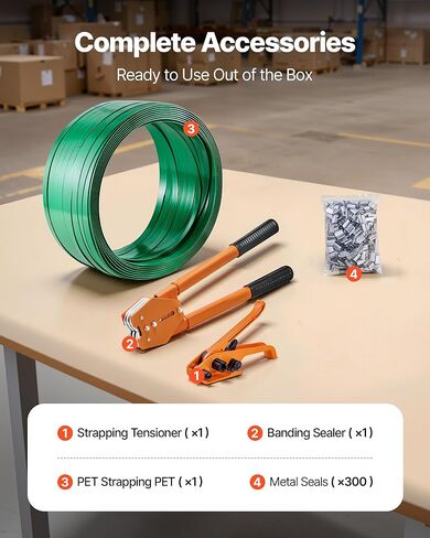 مجموعة ربط الربط من VEVOR، أداة إغلاق ربط شديدة التحمل مع شريط PET بطول 1000 قدم، 300 سدادة معدنية، مجموعة أدوات تغليف يدوية من البلاستيك للمستودع/الشحن/النقل/المنزل، برتقالي in Kuwait