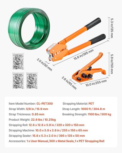 مجموعة ربط الربط من VEVOR، أداة إغلاق ربط شديدة التحمل مع شريط PET بطول 1000 قدم، 300 سدادة معدنية، مجموعة أدوات تغليف يدوية من البلاستيك للمستودع/الشحن/النقل/المنزل، برتقالي in Kuwait