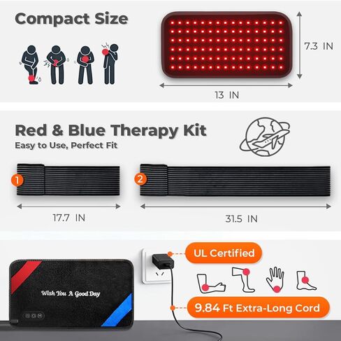 العلاج بالضوء الأحمر للجسم - 90 مصباح LED الطول الموجي الثلاثي (660/850/460 نانومتر)، 13 بوصة × 7.3 بوصة وسادة علاج بالأشعة تحت الحمراء يمكن ارتداؤها لتخفيف الألم واستعادة العضلات والعناية بالبشرة - 27 خيارًا قابلاً للتخصيص in Kuwait