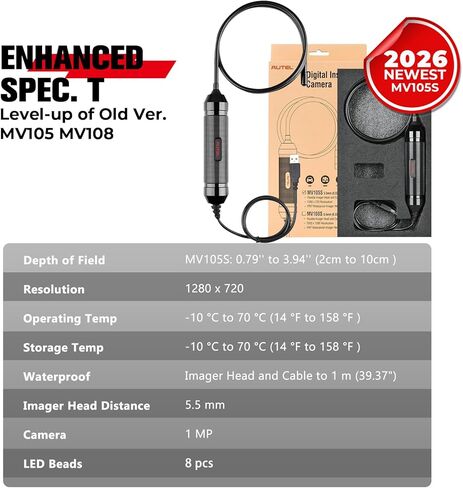 Autel MaxiVideo MV105S Automotive Borescope, 5.5mm Ultra-Thin Probe HD Inspection Camera, 90° View USB Endoscope Snake Camera w/LED Light & 3.3ft Semi-Rigid Cable, Compatible with Autel Scanners & PC in Saudi Arabia