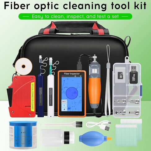 مجموعة تنظيف الألياف 14 في 1، مسبار فيديو مفتش الألياف الضوئية، مجهر ألياف 400x لواجهة SCUPC FCUPC STUPC LCUPC، قلم تنظيف الألياف البصرية MPO/SC/LC، صندوق/صندوق ورق خالٍ من الغبار، مجموعة أدوات FTTH in Kuwait