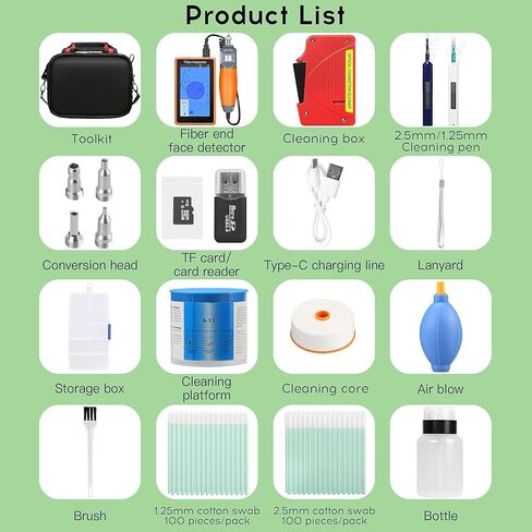 مجموعة تنظيف الألياف 14 في 1، مسبار فيديو مفتش الألياف الضوئية، مجهر ألياف 400x لواجهة SCUPC FCUPC STUPC LCUPC، قلم تنظيف الألياف البصرية MPO/SC/LC، صندوق/صندوق ورق خالٍ من الغبار، مجموعة أدوات FTTH in Kuwait