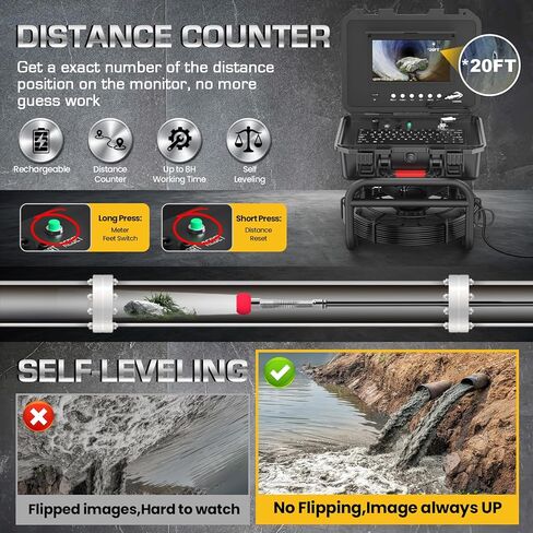Sewer Camera Self Leveling, 7MM Thicker Pushrod, Keyboard, Distance Counter, 10.1'' Large HD Monitor, Sewer Inspection Camera IP68 with DVR & SD Card Industrial Borescope Snake (165Ft, Without 512Hz) in Saudi Arabia