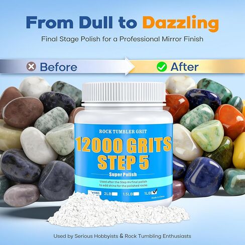 تلميع بهلوان الصخور 12000 - المرحلة النهائية من أكسيد الألومنيوم (الخطوة 5)، مسحوق تلميع فائق النعومة لللمسة النهائية المرآة واللمعان العالي، للصخور والأحجار الكريمة والزجاج، متوافق مع جميع أكواب الصخور، 1 رطل in Kuwait