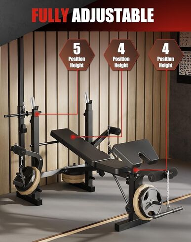 مقعد وزن 7 في 1 قابل للطي وقابل للتعديل بسعة 1000 رطل، مع رف ضغط للمقعد، وتمديد الساق وتجعيد الساق، للتمرين في صالة الألعاب الرياضية المنزلية in Kuwait