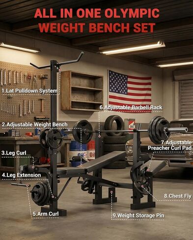 Heavy Duty 4-in-1 Adjustable Weight Bench Set for Home Gym, 900Lbs Capacity Multi-Function Workout Bench with Leg Developer & Extension, Barbell Rack, Butterfly Arms for Full Body Exercises in Kuwait