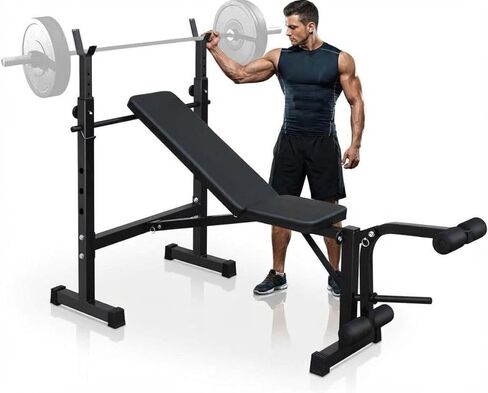 Adjustable Weight Bench Set with Squat Rack, LAT Pulldown, Leg Extension & Preacher Curl Pad - Heavy Duty Home Gym Equipment for Full Body Workout, Bench Press with Safety Bar Catches in Saudi Arabia