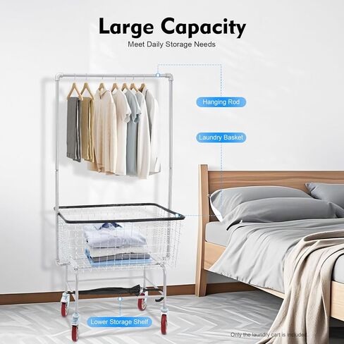 Commercial Laundry Rolling Cart with Wheels, 110 LBS Load Capacity Hamper Basket Organizer, Industrial Heavy Duty Wire with Double Pole Rack, Steel Frame with Chrome Finish, 27 * 22 * 67inch in Saudi Arabia