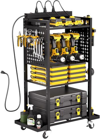 VEVOR 4-Tier Tool Organizer Cart with Charging Station, 8 AC Outlet, Floor Stand Rolling Drill Holder and Tool Battery Storage Rack on Wheels, Garage Floor Rolling Storage Cart for Workshop, Garage in Kuwait