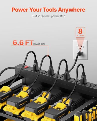 VEVOR 4-Tier Tool Organizer Cart with Charging Station, 8 AC Outlet, Floor Stand Rolling Drill Holder and Tool Battery Storage Rack on Wheels, Garage Floor Rolling Storage Cart for Workshop, Garage in Kuwait