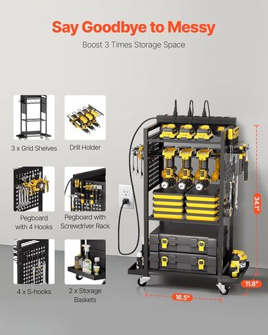 VEVOR 4-Tier Tool Organizer Cart with Charging Station, 8 AC Outlet, Floor Stand Rolling Drill Holder and Tool Battery Storage Rack on Wheels, Garage Floor Rolling Storage Cart for Workshop, Garage in Kuwait