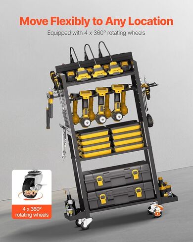 VEVOR 4-Tier Tool Organizer Cart with Charging Station, 8 AC Outlet, Floor Stand Rolling Drill Holder and Tool Battery Storage Rack on Wheels, Garage Floor Rolling Storage Cart for Workshop, Garage in Kuwait