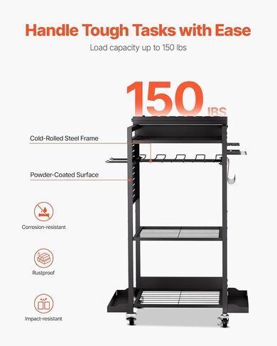 VEVOR 4-Tier Tool Organizer Cart with Charging Station, 8 AC Outlet, Floor Stand Rolling Drill Holder and Tool Battery Storage Rack on Wheels, Garage Floor Rolling Storage Cart for Workshop, Garage in Kuwait