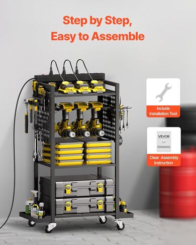 VEVOR 4-Tier Tool Organizer Cart with Charging Station, 8 AC Outlet, Floor Stand Rolling Drill Holder and Tool Battery Storage Rack on Wheels, Garage Floor Rolling Storage Cart for Workshop, Garage in Kuwait