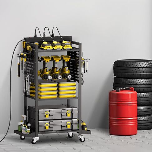 VEVOR 4-Tier Tool Organizer Cart with Charging Station, 8 AC Outlet, Floor Stand Rolling Drill Holder and Tool Battery Storage Rack on Wheels, Garage Floor Rolling Storage Cart for Workshop, Garage in Kuwait