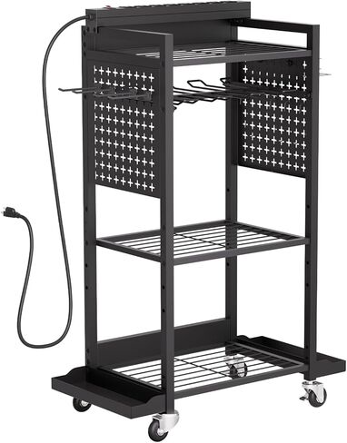 VEVOR 4-Tier Tool Organizer Cart with Charging Station, 8 AC Outlet, Floor Stand Rolling Drill Holder and Tool Battery Storage Rack on Wheels, Garage Floor Rolling Storage Cart for Workshop, Garage in Kuwait