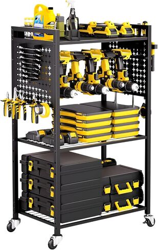 VEVOR 4-Tier Tool Organizer Cart with Charging Station, 8 AC Outlet, Floor Stand Rolling Drill Holder and Tool Battery Storage Rack on Wheels, Garage Floor Rolling Storage Cart for Workshop, Garage in Saudi Arabia