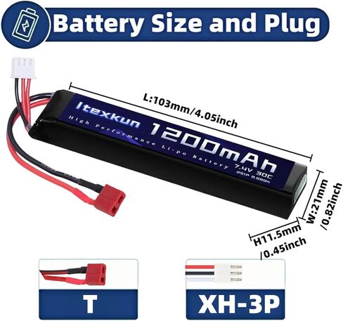 7.4V 2S 1200mAh Airsoft Battery Lipo Batteries T Plug 30C High Discharge Rate Rechargeable 2S Lipo Battery for Airsoft Model Guns with 7.4v Battery Charger in Kuwait