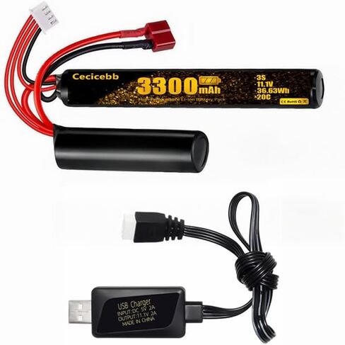 بطارية Airsoft 3300 مللي أمبير في الساعة بطارية Nunchuck 11.1 فولت مع قابس T تناسب AEG AK47 M4 MP5 بنادق طراز Airsoft 1 حزمة 3S قابلة لإعادة الشحن على شكل فراشة مع كابل شاحن USB 11.1 فولت in Saudi Arabia