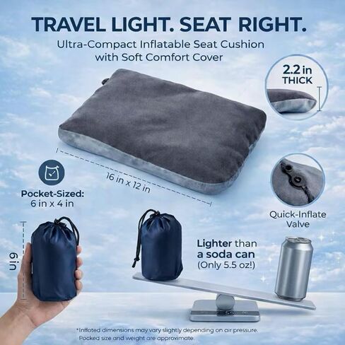 Inflatable Seat Cushion with Soft Comfort Cover - Portable Travel Air Pad for Long Flights & Airplane - Support for Stadium Bleachers & Outdoor Events - Compact, Lightweight & Supportive (Grey) in Saudi Arabia