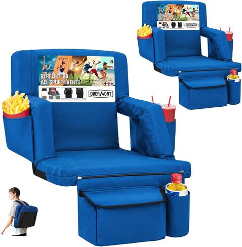 Overmont Stadium Seat with Back Support - 2.8'' Padded Cushion 6-Position Recliner Bleacher Seat with Dual Hooks Backpack Straps Cup Holders Pockets - Portable Stadium Chair for Sports Events Concert in Saudi Arabia