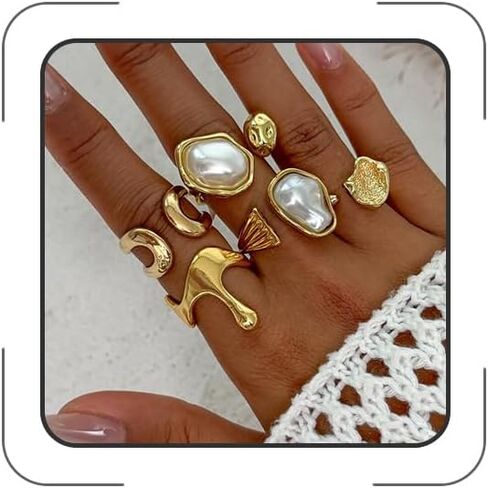 Chunky Gold Rings Set for Women Gold/Silver Baroque Pearl Rings Open Adjustable Pearl Ring Stacking Knuckles Rings Set Boho Prom Costume Jewelry in Saudi Arabia