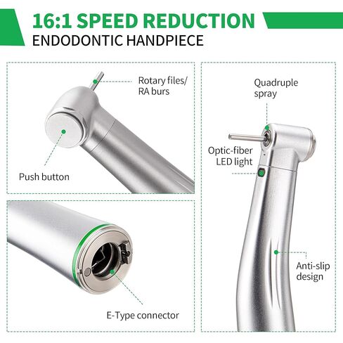 4E 4E's USA Electric 16:1 قبضة اللبية: زاوية كونترا | ضوء LED للألياف الضوئية | موصل من النوع E ورذاذ الماء الداخلي | الأعلى. السرعة 2,500 دورة في الدقيقة | تمت الموافقة على 510(K) لعلاج قناة الجذر in Kuwait