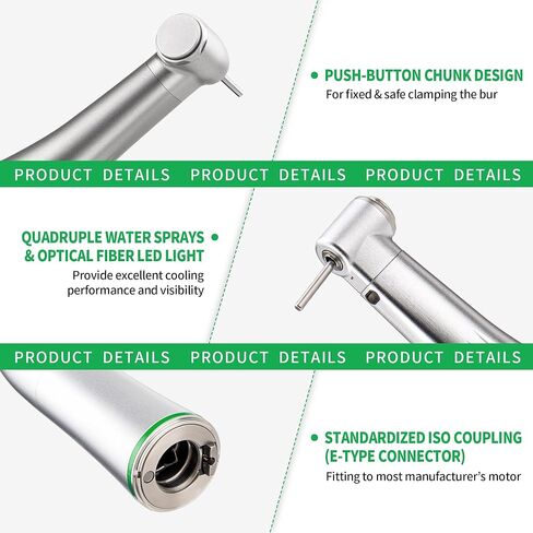 4E 4E's USA Electric 16:1 قبضة اللبية: زاوية كونترا | ضوء LED للألياف الضوئية | موصل من النوع E ورذاذ الماء الداخلي | الأعلى. السرعة 2,500 دورة في الدقيقة | تمت الموافقة على 510(K) لعلاج قناة الجذر in Kuwait