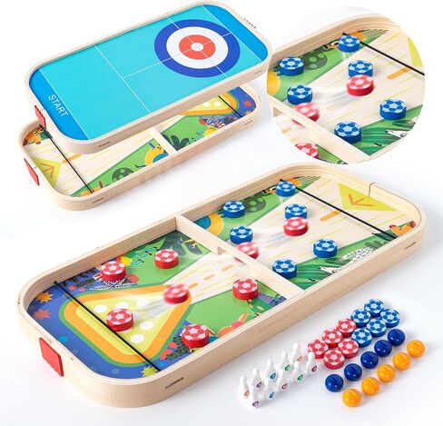3-in-1 Wooden Tabletop Board Game - Portable Curling, Slingshot & Bowling Set for Kids & Family - Educational Montessori Toy, Screen-Free Indoor Fun, for Boys Girls Ages 3+ in Saudi Arabia