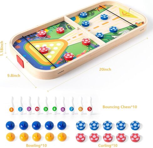 3-in-1 Wooden Tabletop Board Game - Portable Curling, Slingshot & Bowling Set for Kids & Family - Educational Montessori Toy, Screen-Free Indoor Fun, for Boys Girls Ages 3+ in Saudi Arabia